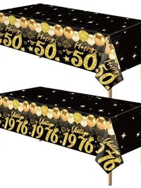 50th Birthday Tablecloth Black Gold Party Decor Waterproof Table Cover 1976